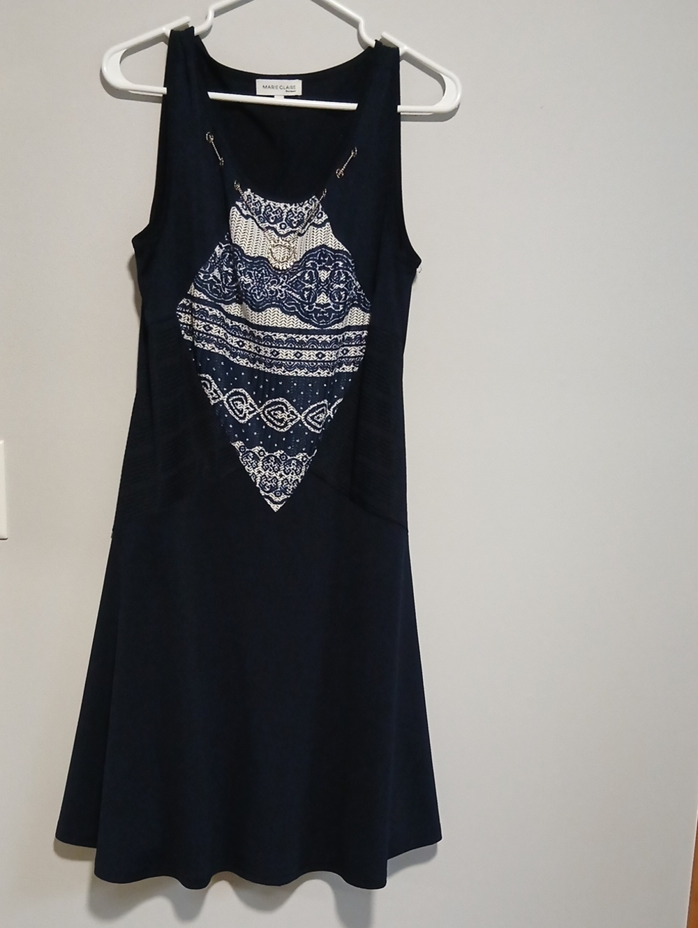 Marie Claire navy sleeveless dress with white patterned front panel